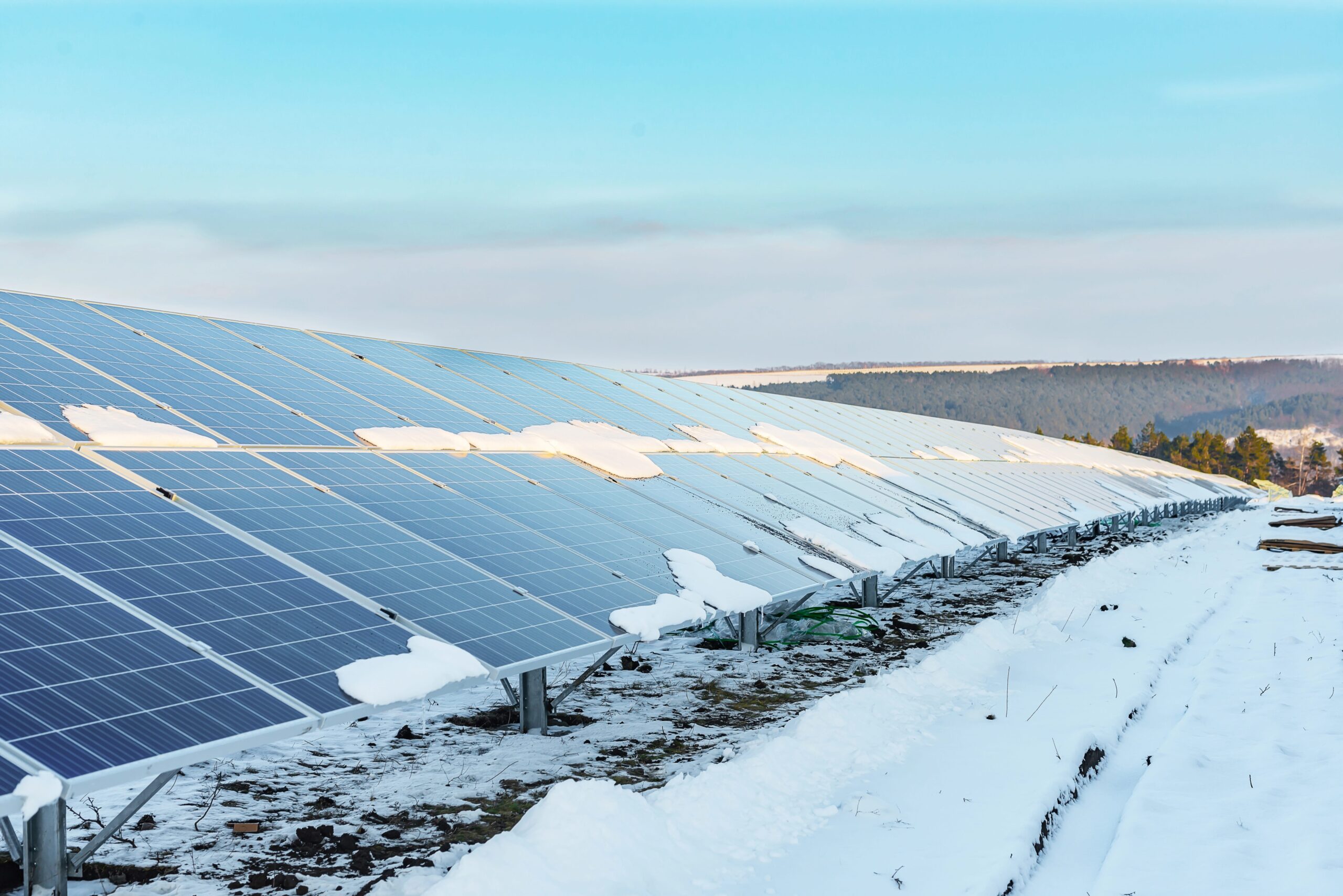 A row of solar panels partially covered with snow in a snowy, open landscape during winter. The solar farm extends into the distance with a forested area in the background under a blue sky.