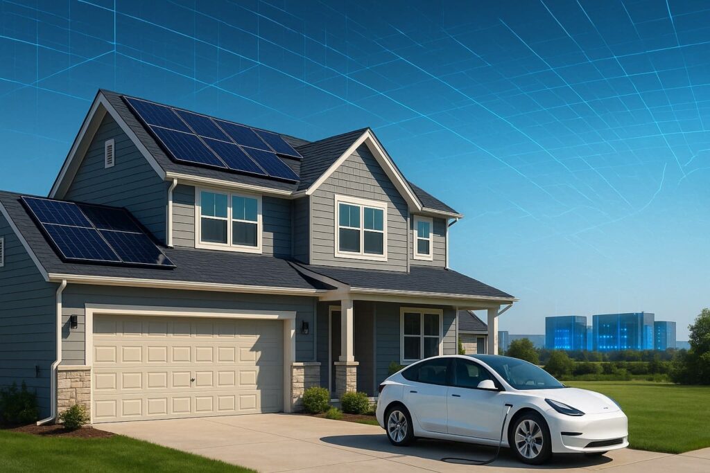 Residential solar market post incentive — modern American home with rooftop solar panels, electric vehicle charging, and digital grid overlay symbolizing AI and EV-driven energy demand.