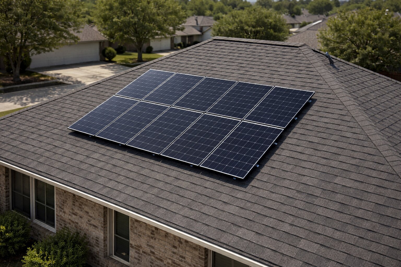 Aerial view of a suburban house with solar panels showing solar attachment spacing ASCE 7-22 zones