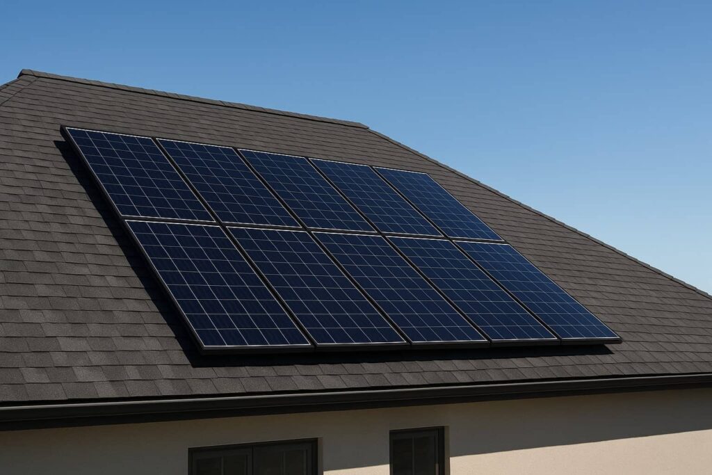 Composition shingle solar mounting best practices shown on a residential roof with solar panels installed on asphalt shingles under clear blue sky.