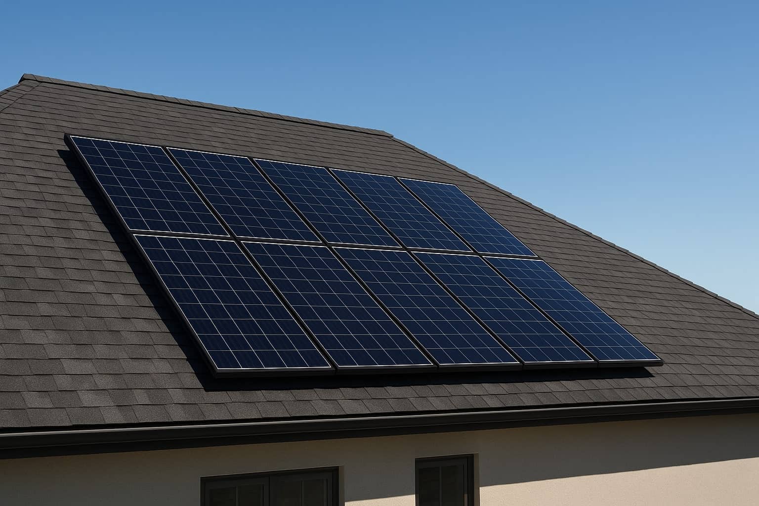 Composition shingle solar mounting best practices shown on a residential roof with solar panels installed on asphalt shingles under clear blue sky.