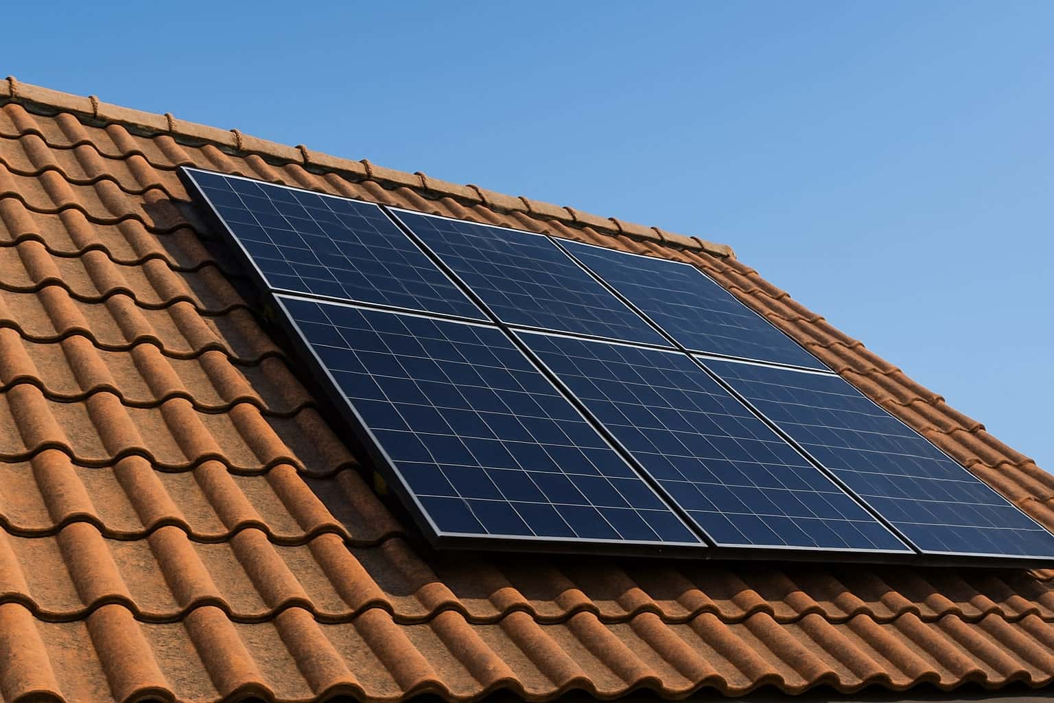 Solar panels installed on a terracotta tile roof using tile roof solar hooks, showing a clean and professional installation under clear blue sky.
