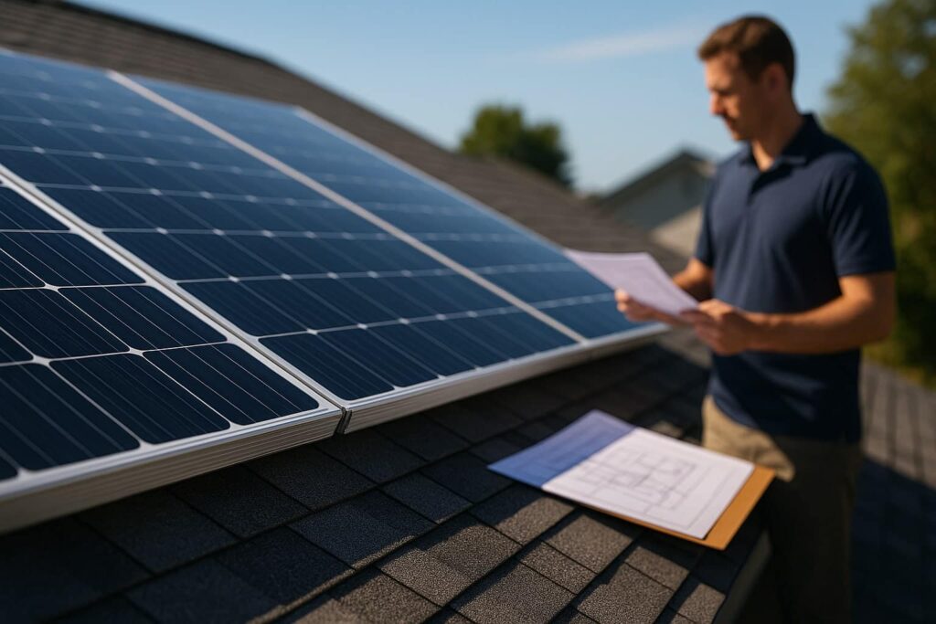 UL 2703 solar mounting inspection on residential rooftop.