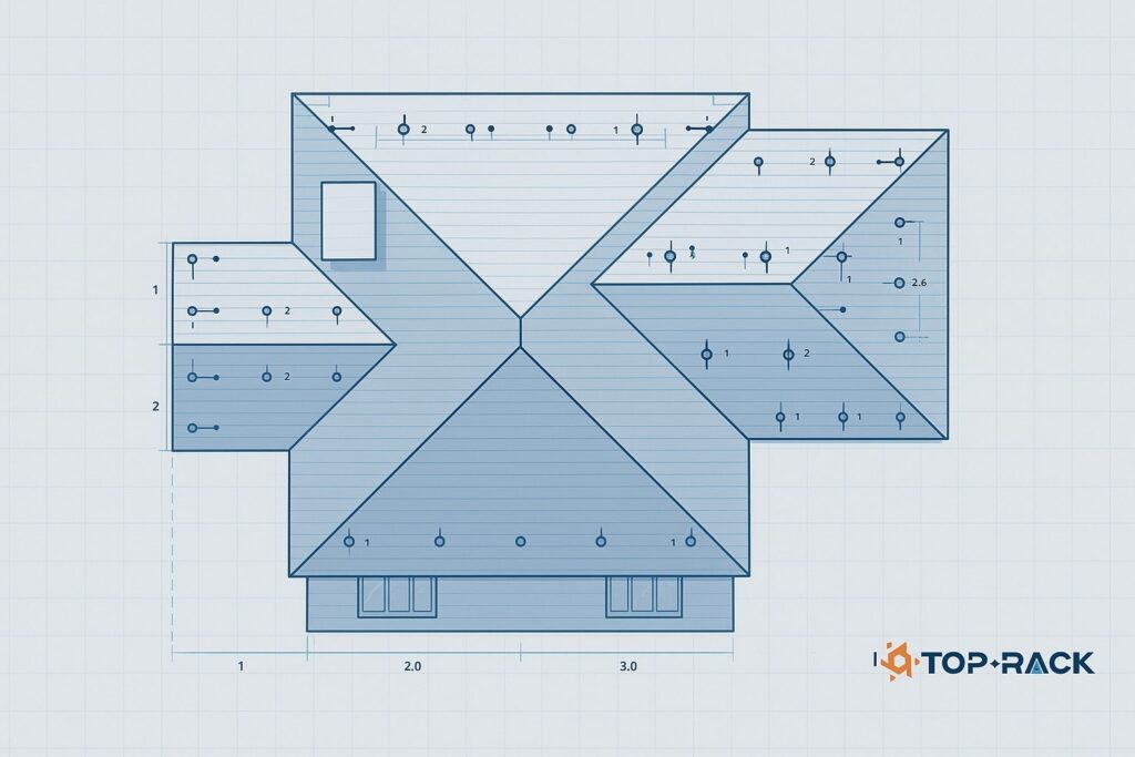 Blueprint-style aerial diagram of a residential roof showing bracket base points, roof zones, and measurement markings used for bracket span preparation in TRT solar installation planning.
