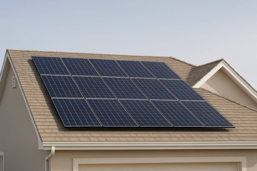 Residential solar panels on a gable roof illustrating a general view for span table application.