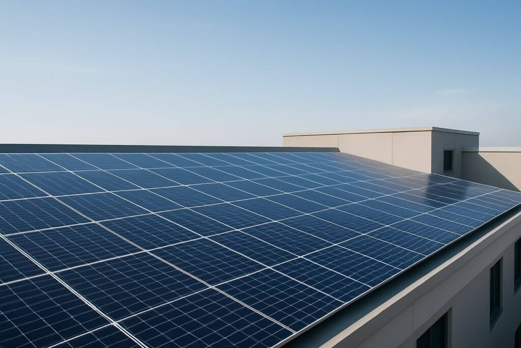 Wide rooftop solar array installed on a commercial building, representing FPA-approved Solar Mounting Systems designed for safe, compliant performance