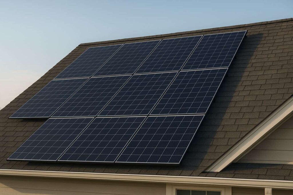 A residential asphalt shingle roof with a clean solar array installed using an asphalt roof solar mounting solution, shown in natural light from a horizontal angle.