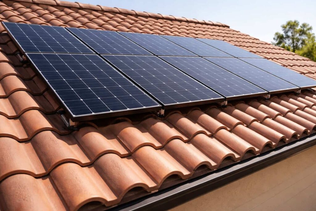 tile roof solar mounting aesthetics with low-profile solar panels installed above intact clay tiles without compression or damage
